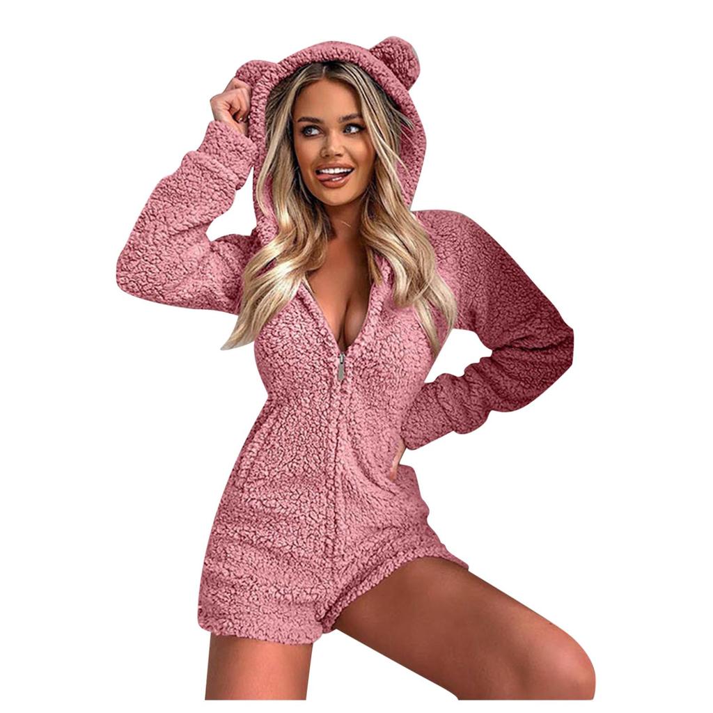 Women Long Sleeve Hooded Jumpsuit Pajamas Casual Winter Warm Rompe Sleepwear