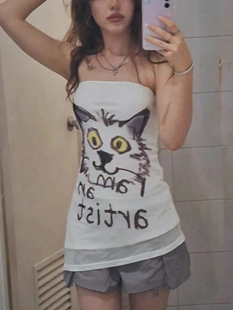 

AltGoth Милый Милый Жилет Y2k Для Женщин Пастельный Готический Уличный Стиль Сетчатый Лоскутный Топ Без Бретелек С Рисунком Кота Эстетическая Одежда Kawaii S белый