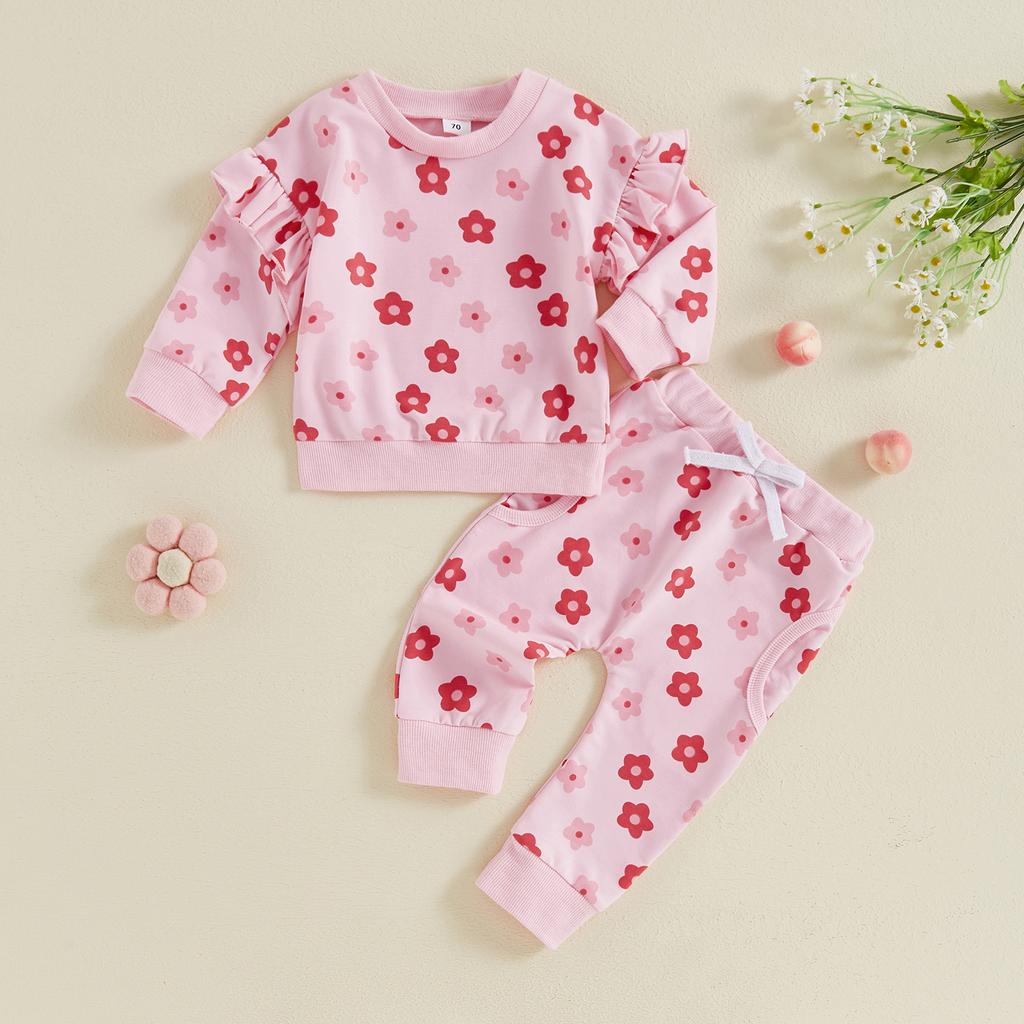 Baby Girl 2Pcs Fall Outfits Ruffle Long Sleeve Floral Print Sweatshirt + Pants Set Toddler Clothes