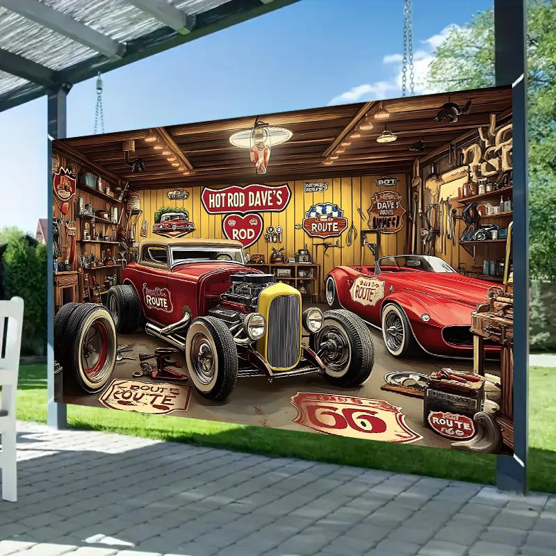 Vintage Hot Car Garage Party Banner - Suitable for Home, Photo Props, and Nostalgic Events with Classic Car Scenes