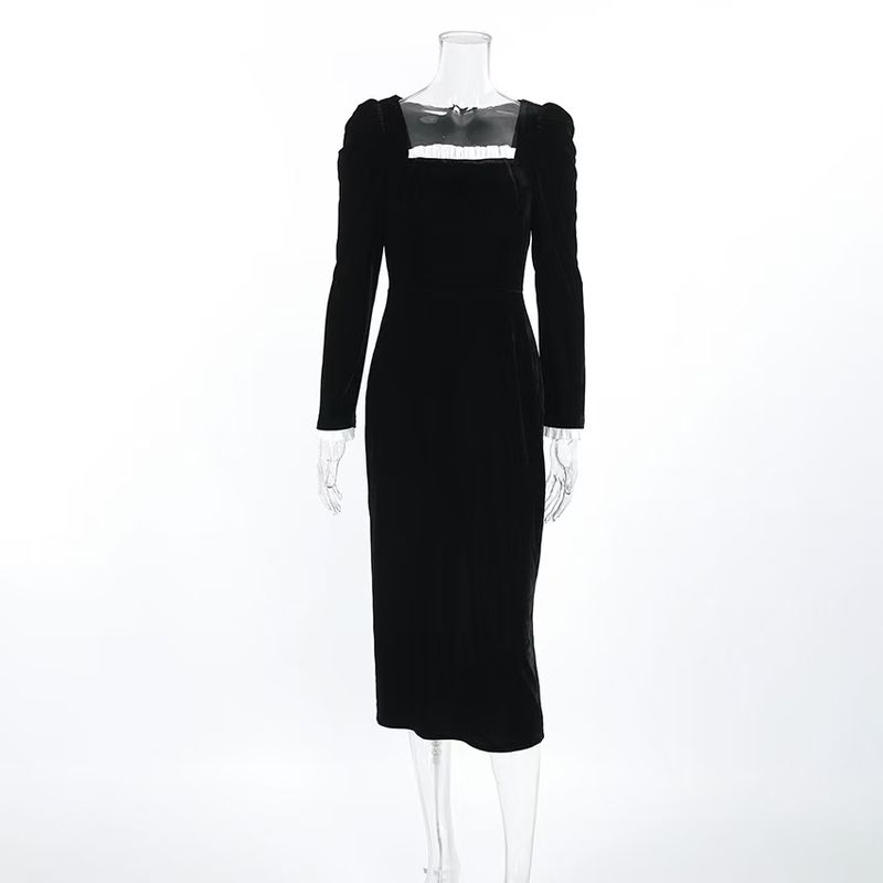 

Fashion Wind Elegant Sexy Velvet Long Sleeve Split Contrasting-Color Dress Velvet Square Neck Dress Black M