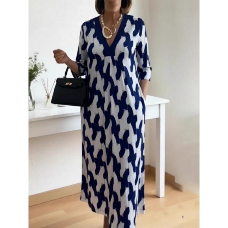 New Spring/Summer Women S V-Neck Printed Dress Loose Comfortable Fashionable Slimming Women S Clothing S синий