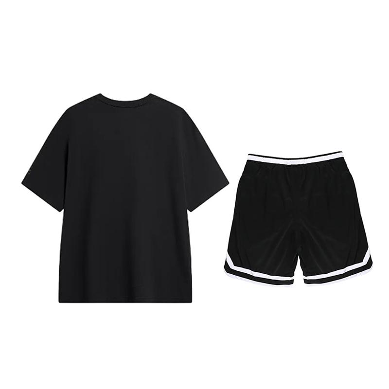 Li-Ning Minimalist Letter Logo Print Round Neck Loose Short Sleeve Mid Waist Tied Shorts Casual Sports Set Unisex Sets Black AHSVD57-1+YAPV001-1