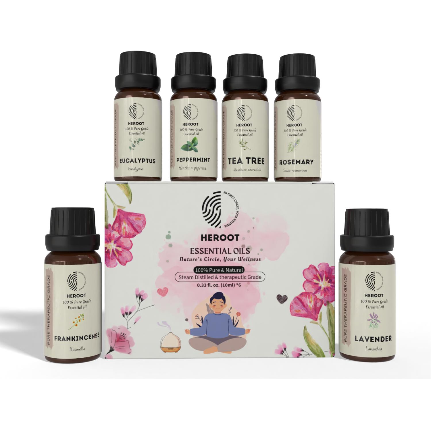 

Heroot Pack of 6 Essential Oils 10ml – Frankincense, Eucalyptus, Peppermint, Tea Tree, Rosemary & Lavender | Aroma Oils Pack - 10 ml