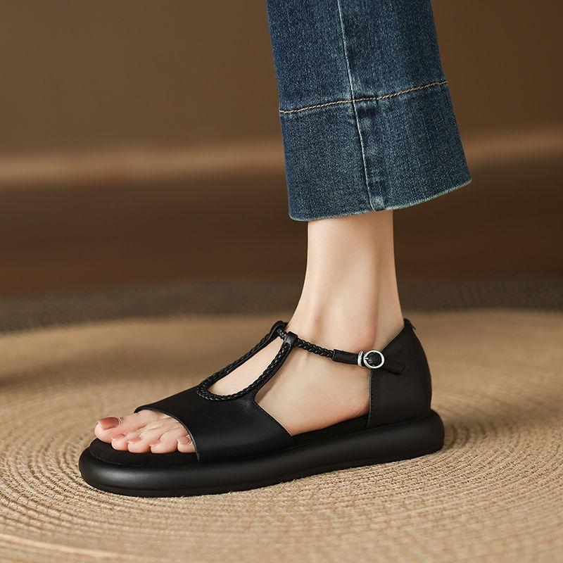 Retro New Style Open-toe Flat Sandals for Women, Soft Leather Sole, Anti-slip, Versatile and Stylish Shoes