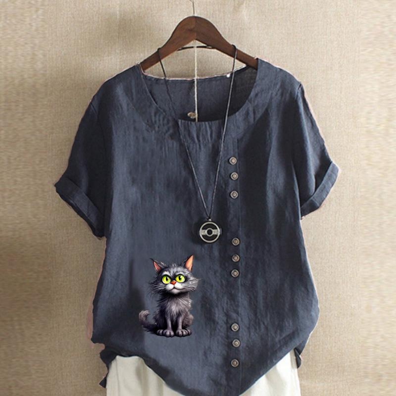 Women's Fashion Cat Prined Short Sleeve T-shirt Loose Cotton Shirt Casual Loose Summer Blouse Tops Plus Size