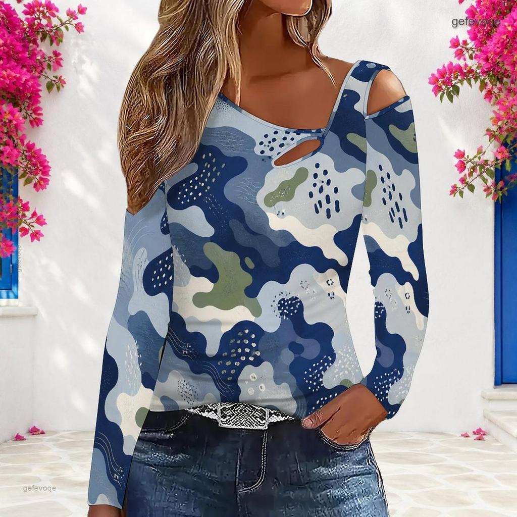 Women Plus Size Asymmetric Cutout Neck Cold Shoulder Long Sleeve Green Black White Printed Top