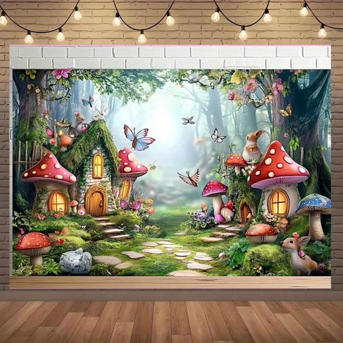 2D plane 1 charming fairy tale garden backdrop equipped with colorful mushroom houses butterflies and wild flowers 100x150cm