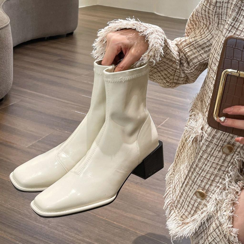 Black thick heel square head thin Martin boots women's shoes 2025 new autumn and winter single boots thin French short boots