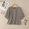 ZANZEA Women Casual Round Neck Plaid Print Loose Short Sleeve Blouse