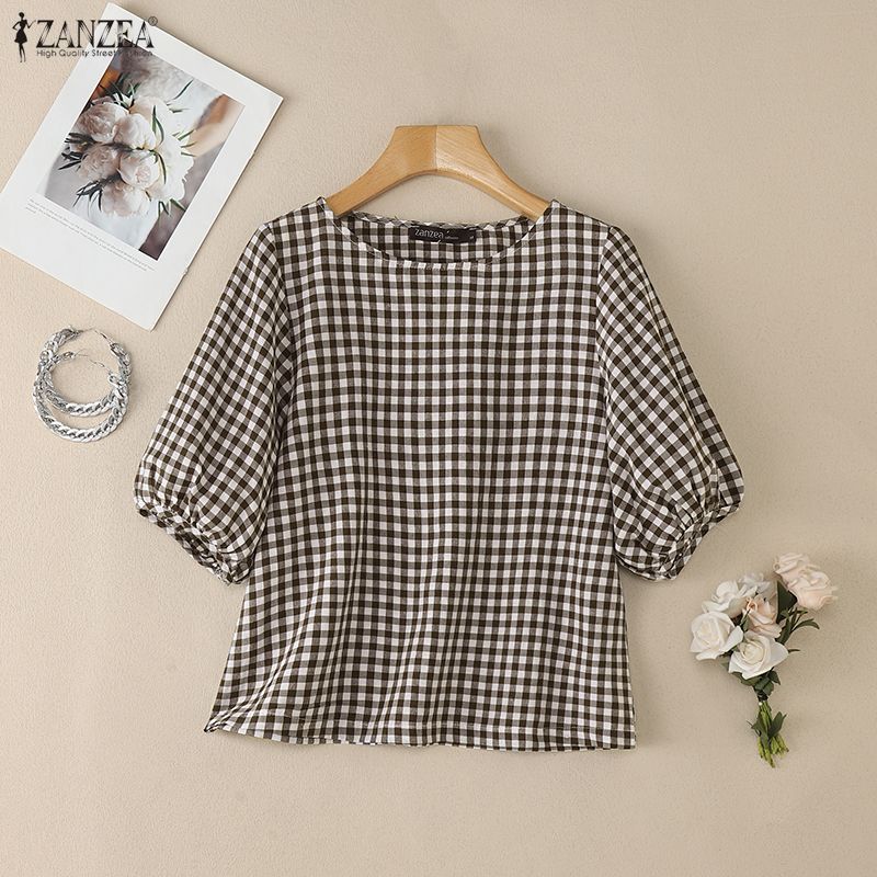 ZANZEA Women Casual Round Neck Plaid Print Loose Short Sleeve Blouse