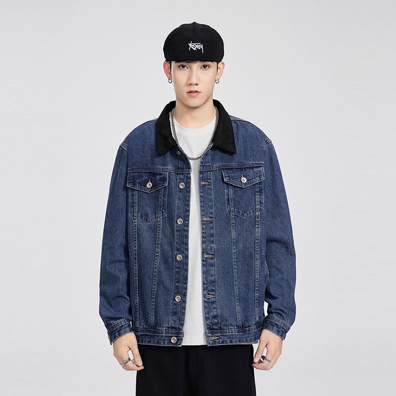 

In-Stock American Retro Distressed Color Block Lapel Denim Jacket - Trendy Youth Men s Wear 2XL