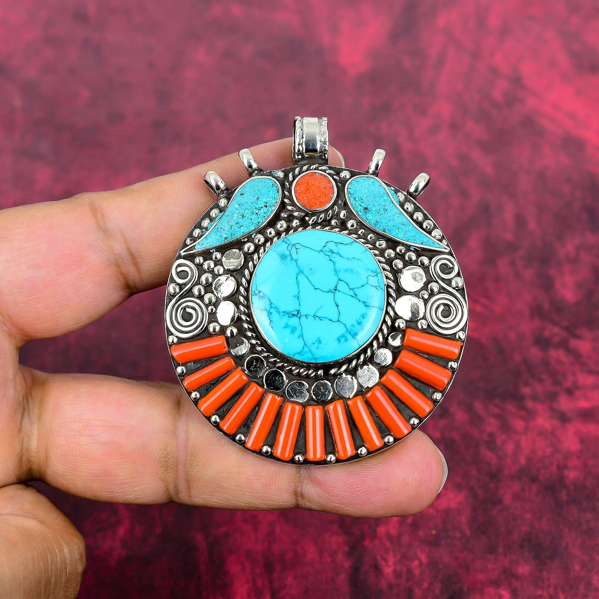 

Кулон из бирюзы и коралла, Ювелирное изделие-кулон из стерлингового серебра 925 пробы с драгоценным камнем, Ювелирное изделие ручной работы, Кулон с камнем-талисманом, Подарок для него 2.55 Inches