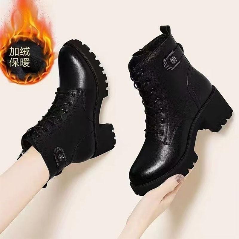 

Women s Soft Leather Platform Boots 2026 New Fashion Mid-Heel Chunky Heel Ankle Boots for Winter with Fleece Lining 40
