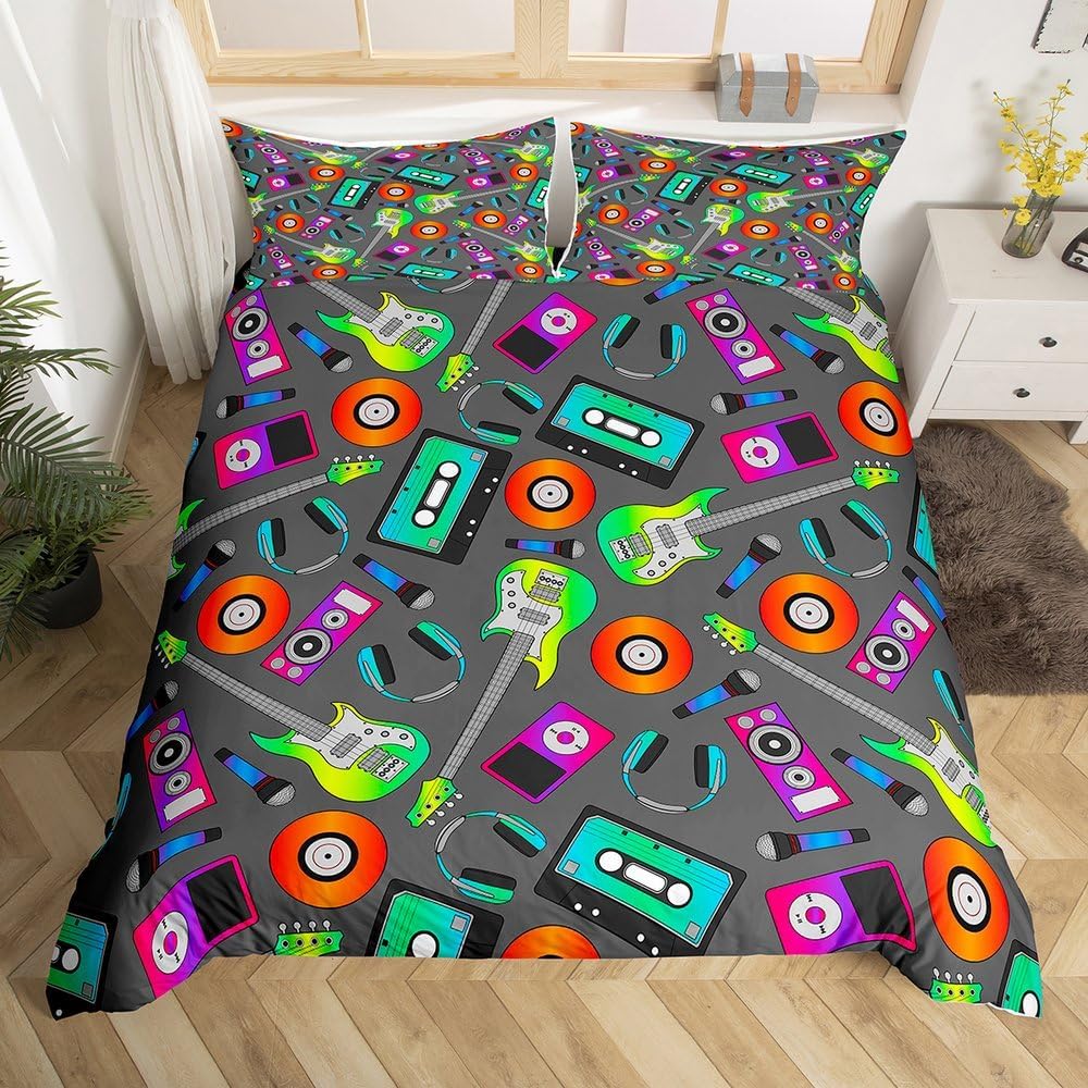 Cassette Tape Duvet Cover Twin Queen Vintage 80S 90S Memphis Comforter Cover Geometric Checkered Triangle Lightning Bedding Set
