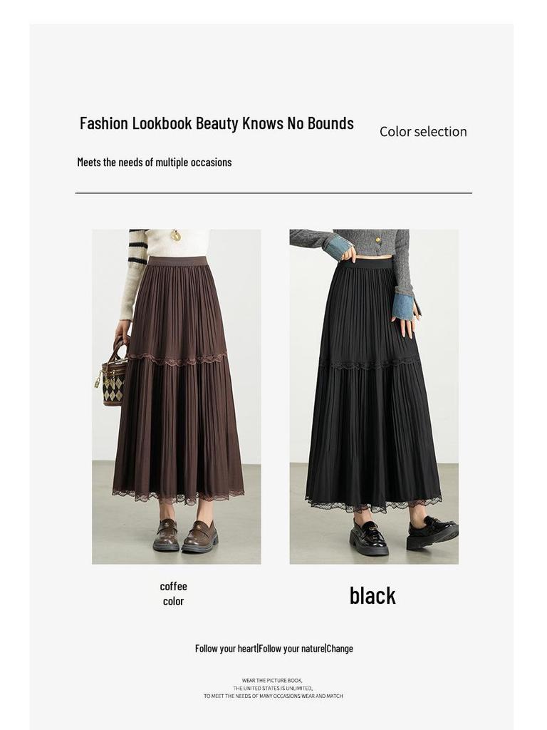Autumn 2025 Korean-Style Lace Patchwork Pleated Skirt for Women with Elastic Waist