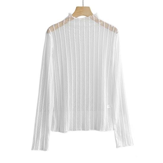 

Женские солнцезащитные топы с высоким воротником и длинным рукавом, сетчатые топы с кружевными линиями, блузка с текстурой, повседневная одежда белый