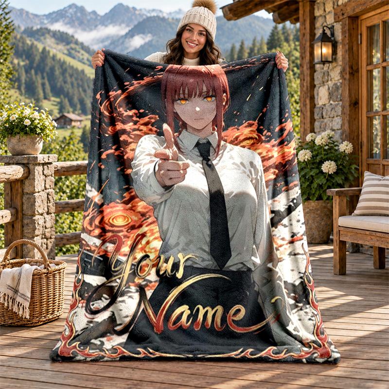 Coperta in Flanella con Nome Personalizzato Chainsaw Man Morbida Calda Coperta Plaid in Peluche Regalo Personalizzato per Famiglia Amici