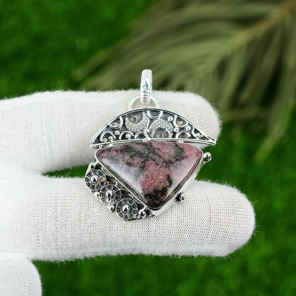 Natural Rhodonite Gemstone Indian Jewelry 925 Sterling Silver Pendant For Women