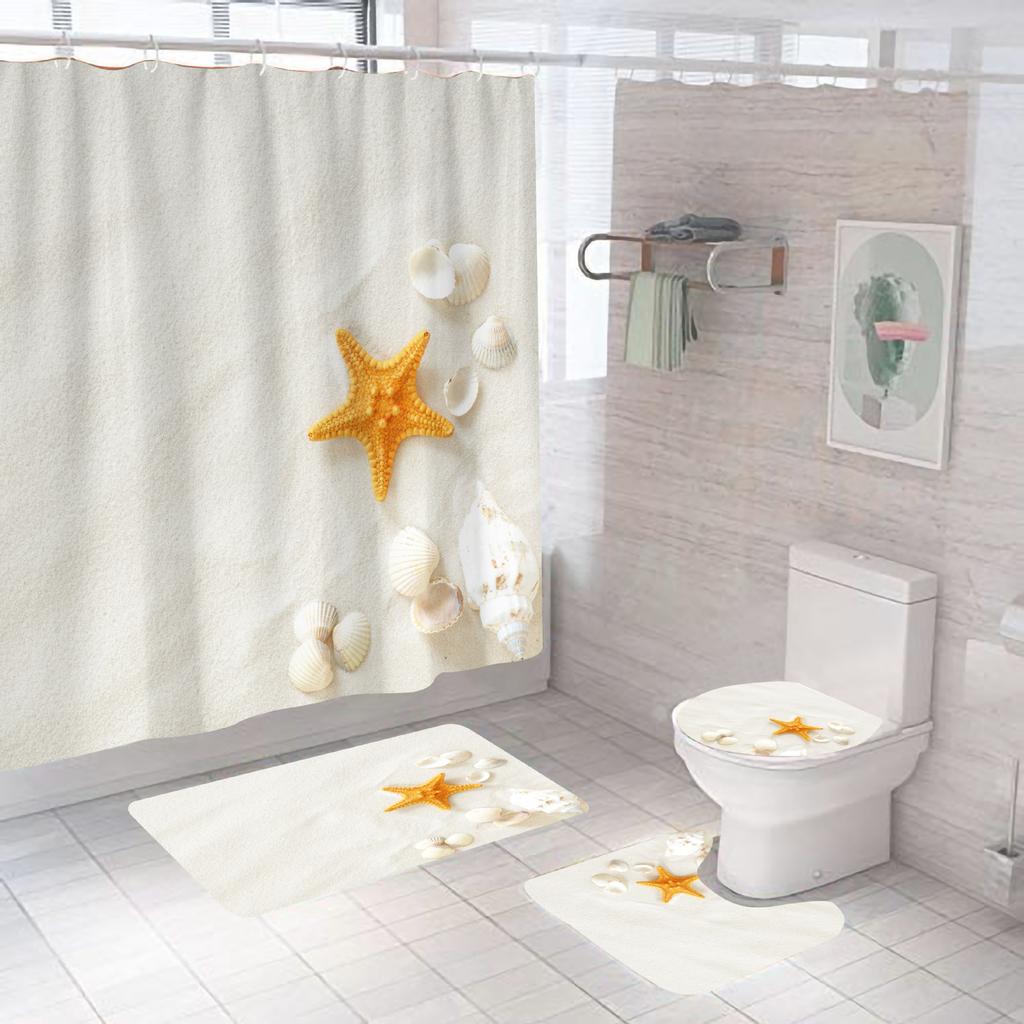 Bathroom Shower Curtain Four-piece Digital Printing Beach Shell Waterproof Shower Curtain Shower Curtain Partition Curtain Bath Mat