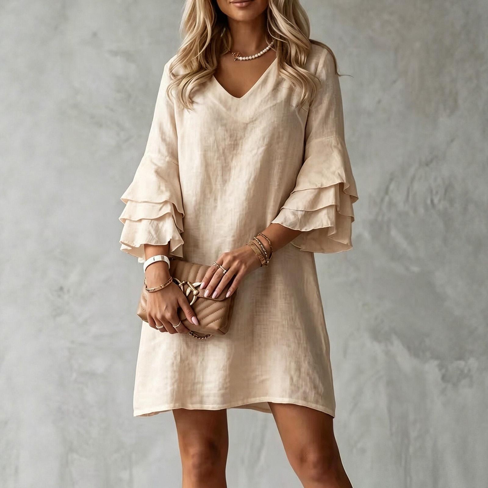 Women s V-Neck Double Layer Ruffle Flared Dress Color L