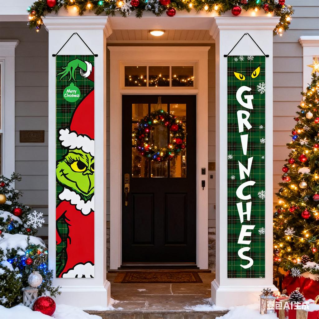 New Arrival! 30*180cm Christmas GreenGhost Couplets - Polyester,Durable& Eye-catching Design for Home & Cafe Decoration.