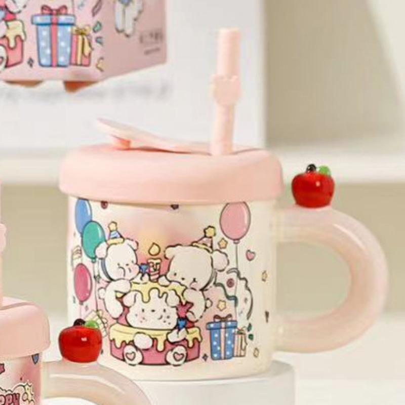 Summer Straw Cup Cute Cat Mug Water Cup with Lid Ceramic Cup Girl Couple Birthday Gift Souvenir