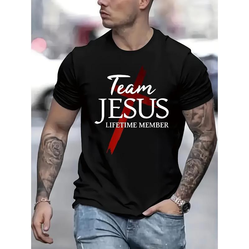 

European Size Men S Christian Faith Team Graphic T-Shirt - with Red Cross & Team Lettering, Breathable Round Neck Casual Summer Tee for Church Events 4XL чорний