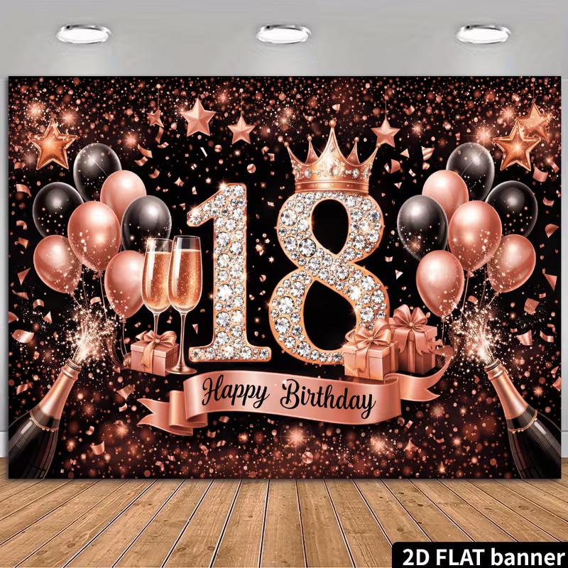 2D 18th Birthday Photography Background, Black Rose Gold Themed Party Backdrop Banner