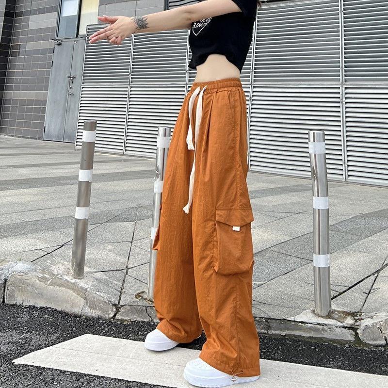 Sokak Giyimi Kadın Büyük Boy Düz Kargo Pantolon Elastik Bel Bağcıklı Gevşek Harajuku Hip Hop Rahat Geniş Bacak Spor Pantolonu