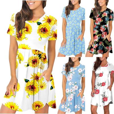 Fashion Womens Summer Round Neck Printed Pullover Short Sleeve Pleated Pocket Dress