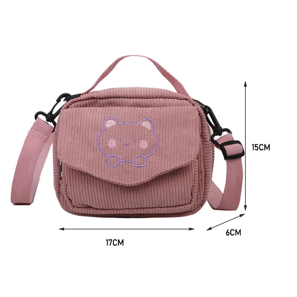 Cord-Umhängetasche, Vintage, süße Schulterhandtasche, Stickerei, Bär, japanische Klappentasche, Herbst-Winter-Geldbörse für Studentinnen