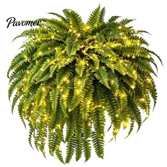 Artificial Potted Ferns with LED Lights Pre-Lit Warm Lights, UV Resistant Faux Hanging Plants for Evergreen Simulated Foliage Outdoor Patio