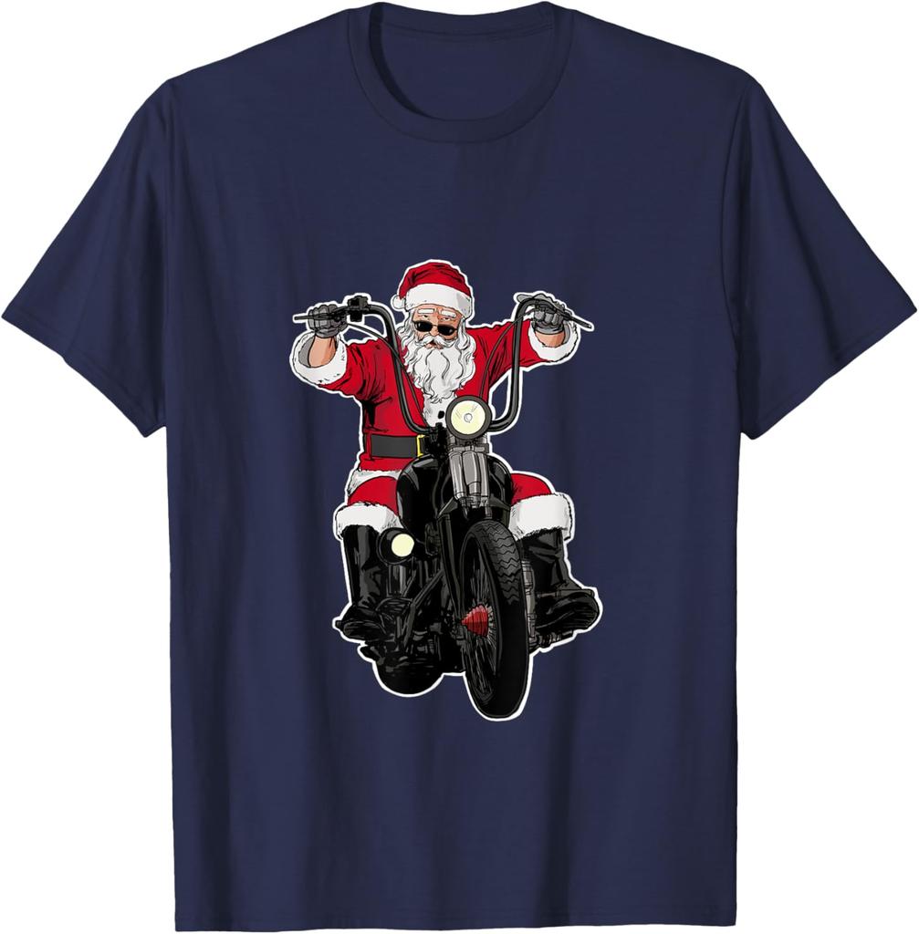 Cool Riding Motorcycle Santa Motorcycle Riding Graphic Tee Men's Casual Cotton T-Shirt