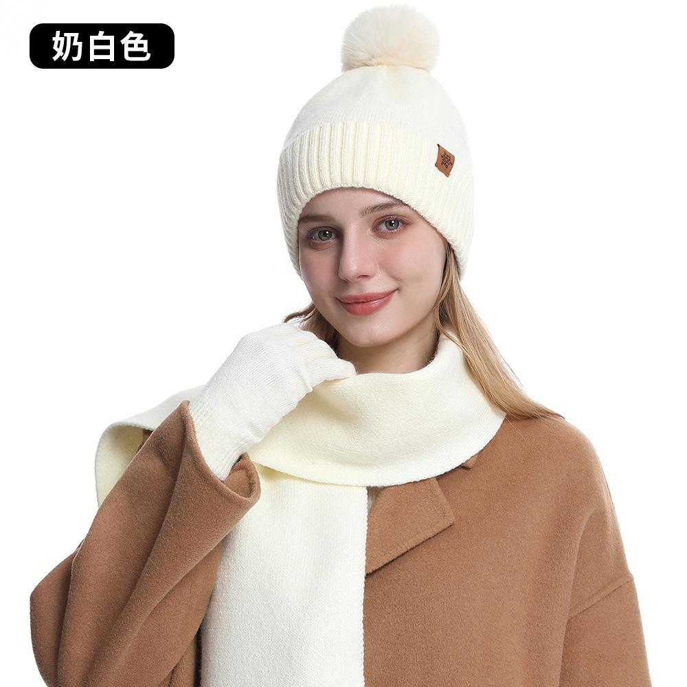 Knitted hat, women's winter double-layer velvet warm riding ear protection wool knitted hat scarf gloves three-piece set