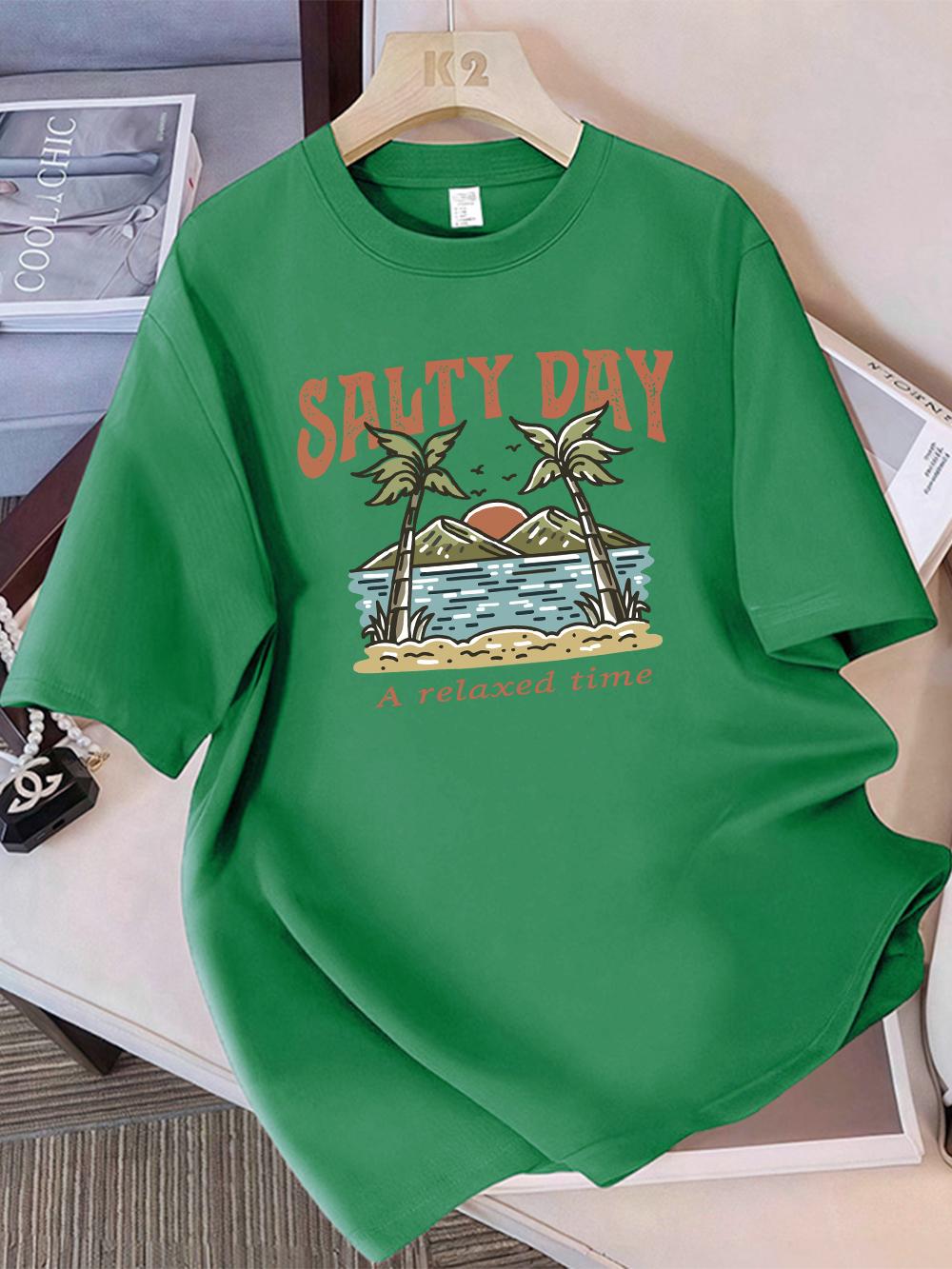 

100 Cotton Womens TShirts Summer Salty Day A Relax Time Coconut Tree Beach Prints T Shirt Soft Loose ONeck Tops Basic Clothes 4XL