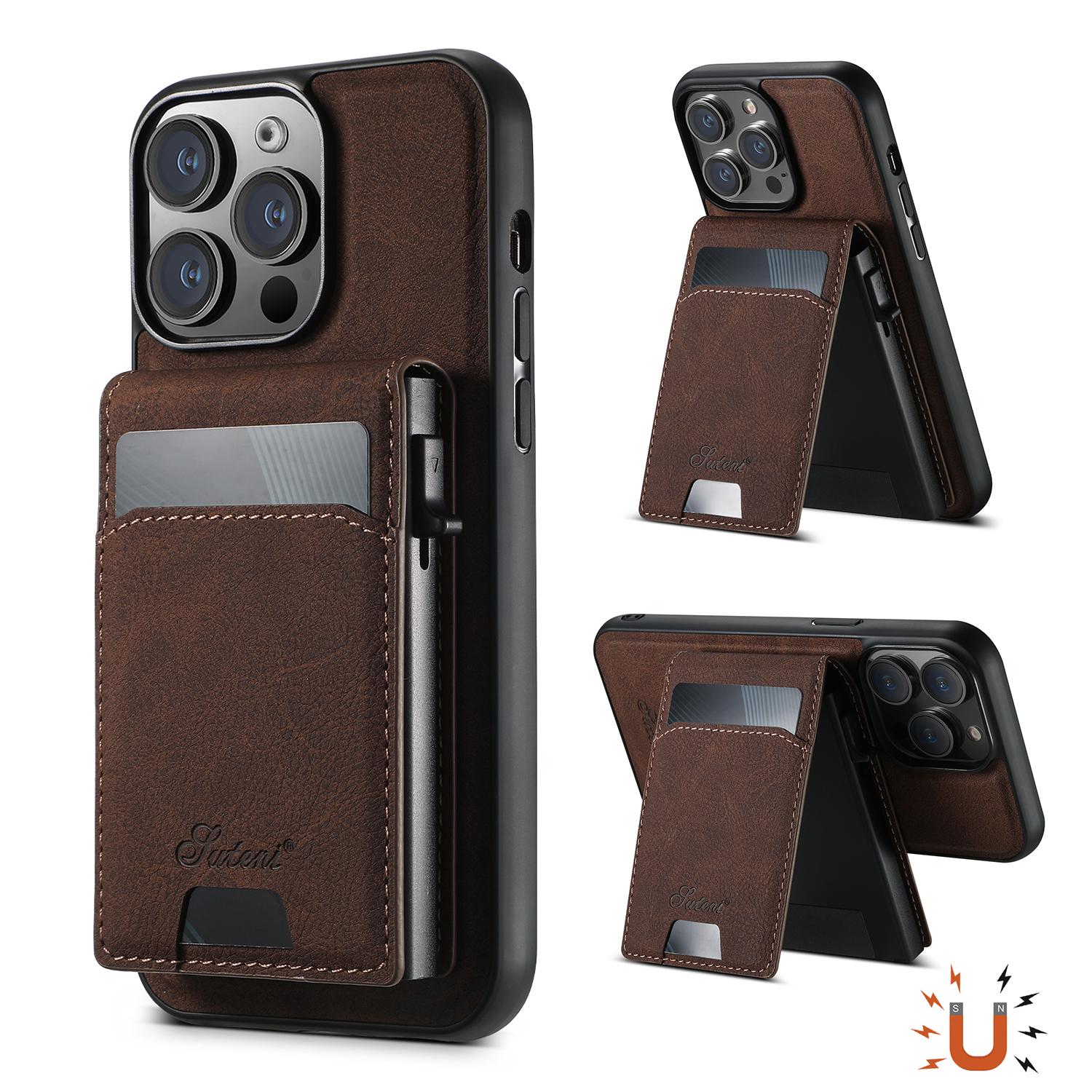 

SUTENI H19 For iPhone 13 Pro Magnetic Case Card Holder Kickstand Litchi Texture Leather Back Cover Brown