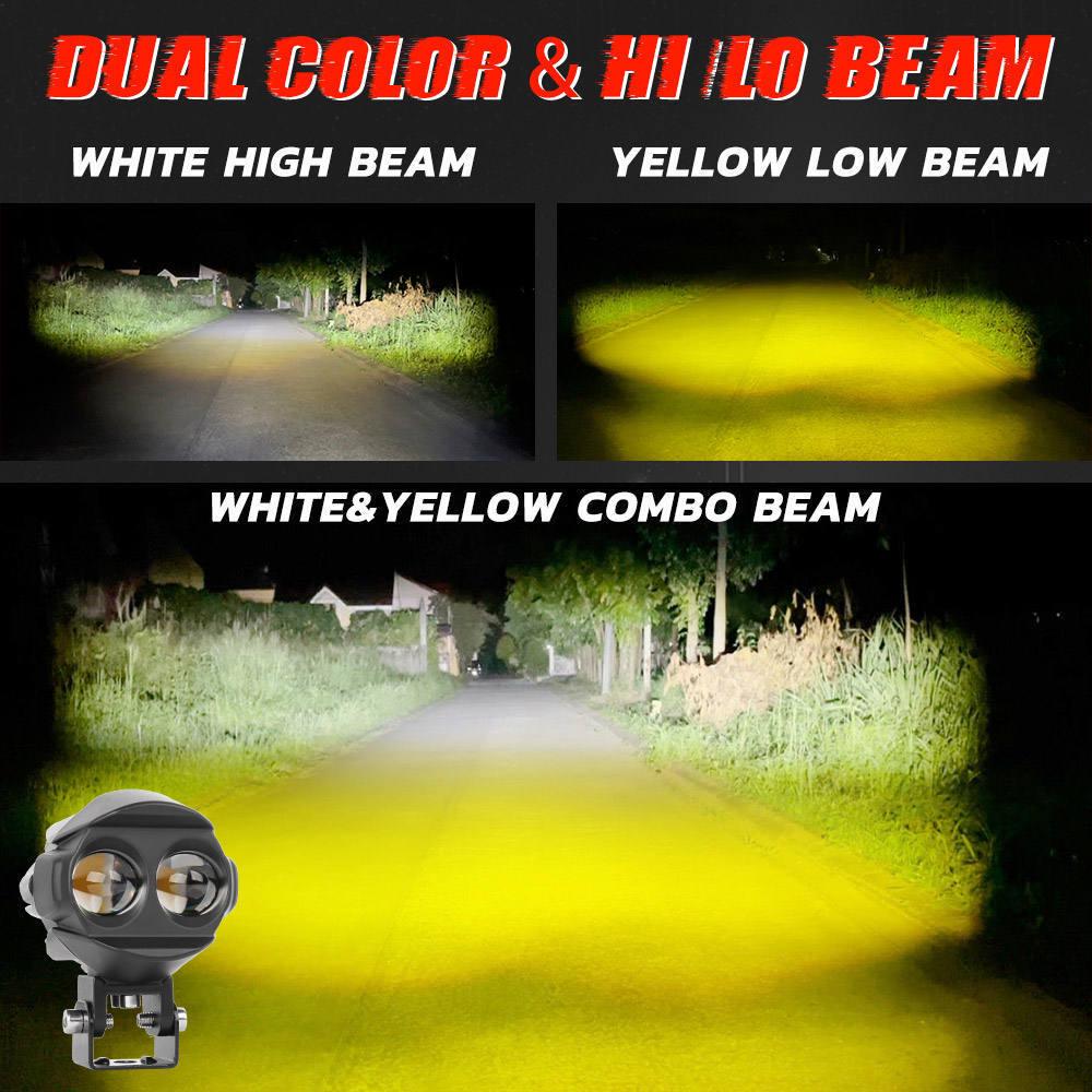 Motorcycle LED Spotlight Yellow-White Light: Super Bright Auxiliary Mini Driving Headlight for Electric Vehicles.