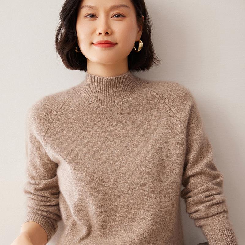 Women's Cashmere Half-High Neck Raglan Sweater - Autumn/Winter Style, 7-Gauge Fancy Yarn, Loose Knit Pullover.