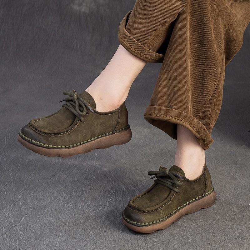Johnature Echte Leder Ballerinas Bequem Vielseitig Schnürschuhe Pendeln Retro Weichbesohlte Damenschuhe