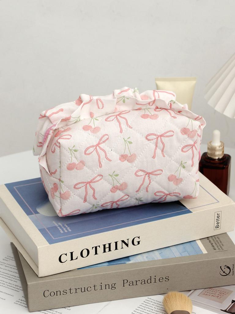 Lace Bow Cosmetic Bag Student Ribbon Quilted Pencil Bag Portable Toiletries Bag Liner Bag