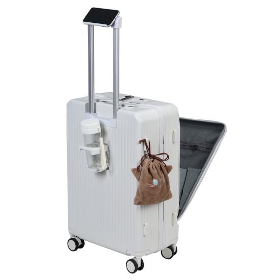 24-Zoll-Koffer, Handgepäck mit Frontöffnung, Handgepäckkoffer mit eingebautem Schloss, mit Getränkehalter & USB Typ-C-Ladeanschluss & Handyhalter
