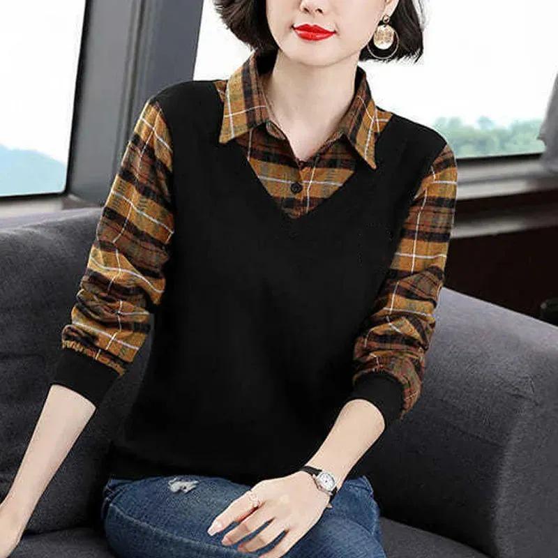 Women's Versatile Plaid Spliced Long-Sleeve T-Shirt