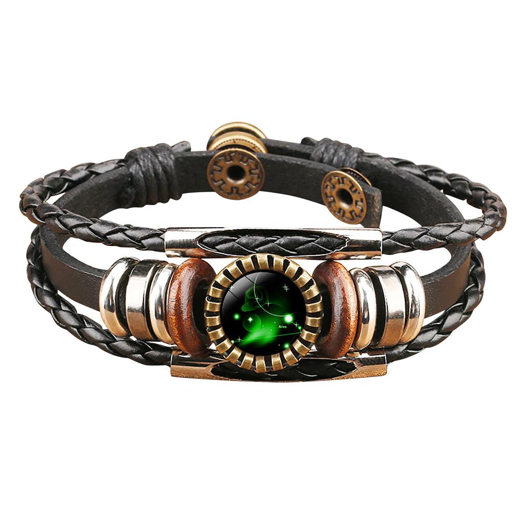 Zodiac Constellation Bracelet Leather Strap Adjustable Multi-layer Design Astrology Time Gem Accessory for Men and Women