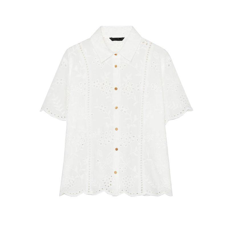 

Spring and Summer Women s Clothing Vertical Lace Trim Cut Out Embroider Minimalist Short Sleeve Lapel Shirt Tops 2835947 White L