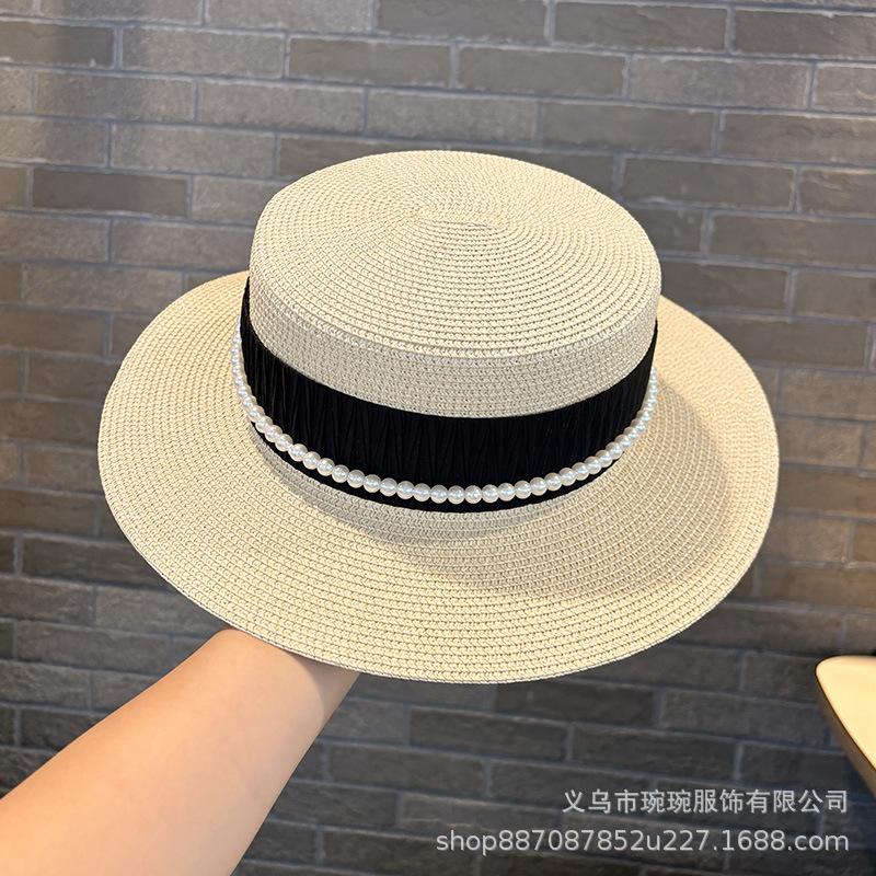 French Pearl Chain Flat Top Straw Hat Women's Sunshade Summer Straw Weaving Flat Edge Travel Vacation Seaside Beach Sun Protection Hat