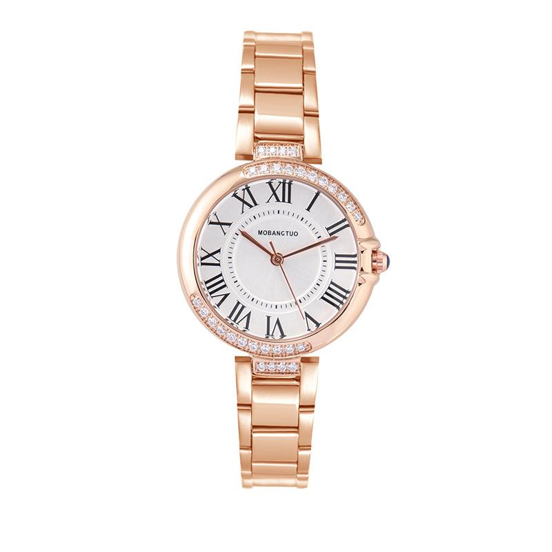 Diamond Women'S Watch Fashion Pointer Round Roman Quartz Waterproof Steel Belt Temperament Watch