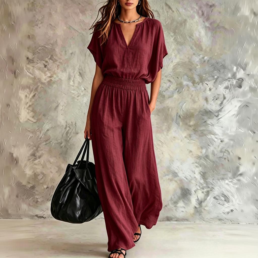 Damen Freizeit Zweiteiler V-Ausschnitt Kurzarm Lockerer Oberteil und Weite Hosen Elastische Taille Loungewear Sommer Outfit
