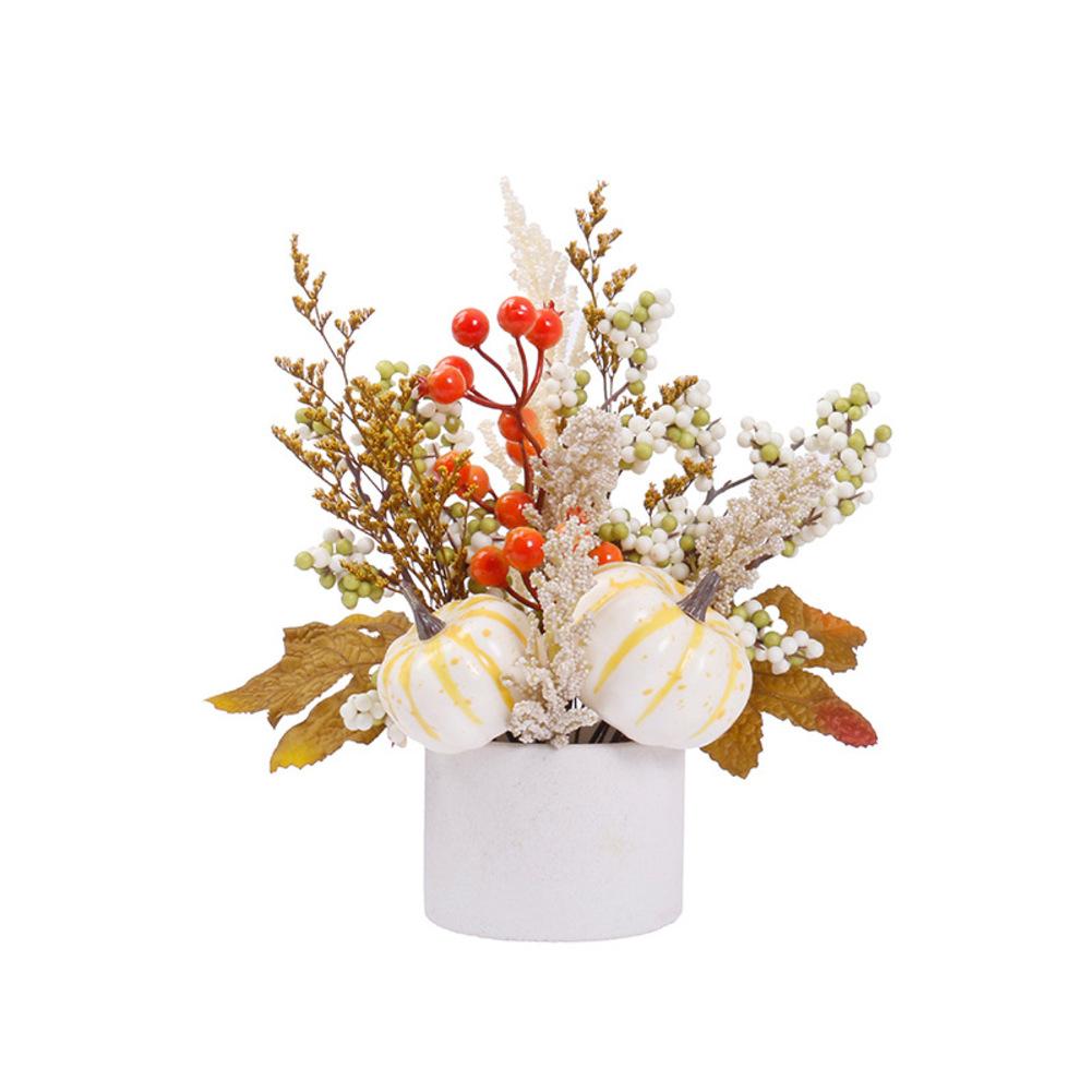 

Halloween Autumn Artificial Pumpkin And Rice Ear Potted Plant With Maple Leaves And Berries For Harvest Festival Thanksgiving білий