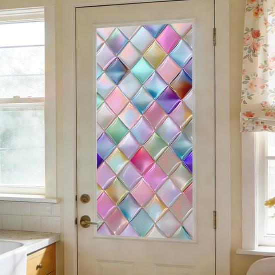 Stained Glass Effect Window Film Geometric Pattern Decorative Static Cling UV Block Heat Control Vintage Rainbow Window Sticker for Living
